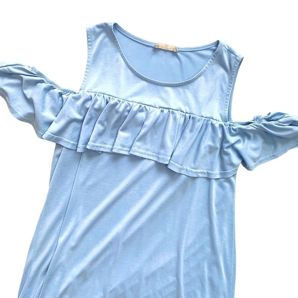 Altar’d State Solid Powder Blue Cold Shoulder Ruffled Shift Dress Small - Picture 3 of 15